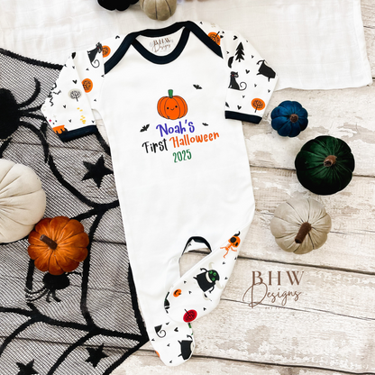 Baby Halloween onesie with pumpkins and personalised First Halloween 2025