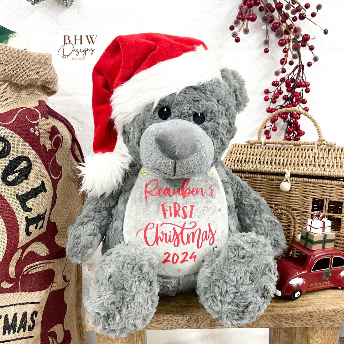 Personalised First Christmas Grey Teddy Soft Toy