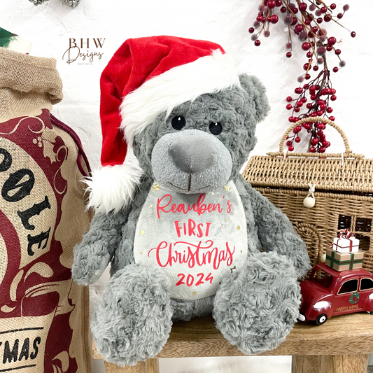 Personalised First Christmas Grey Teddy Soft Toy