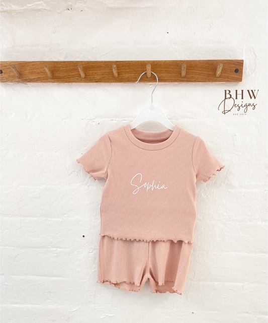 Girl's Ribbed T-shirt and Short Set - Blush Pink