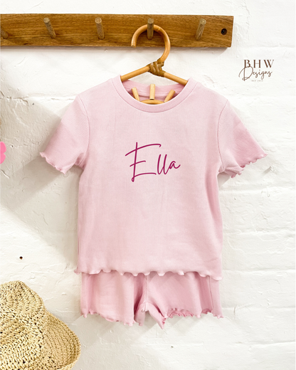 Girl's Ribbed T-shirt and Short Set - Baby Pink
