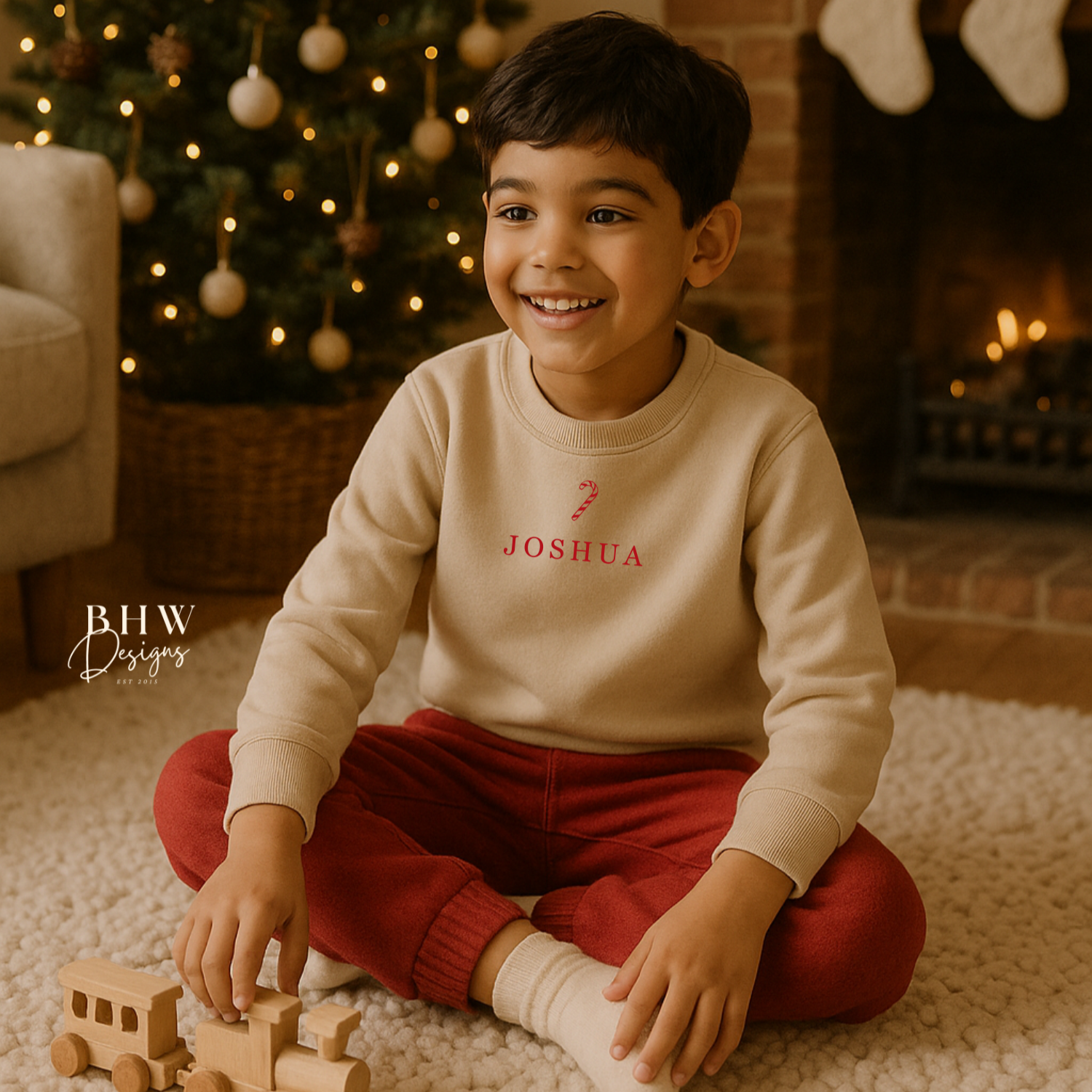 Child wearing a oat colour sweatshirt with a red candy cane and Joshua personalised on it 