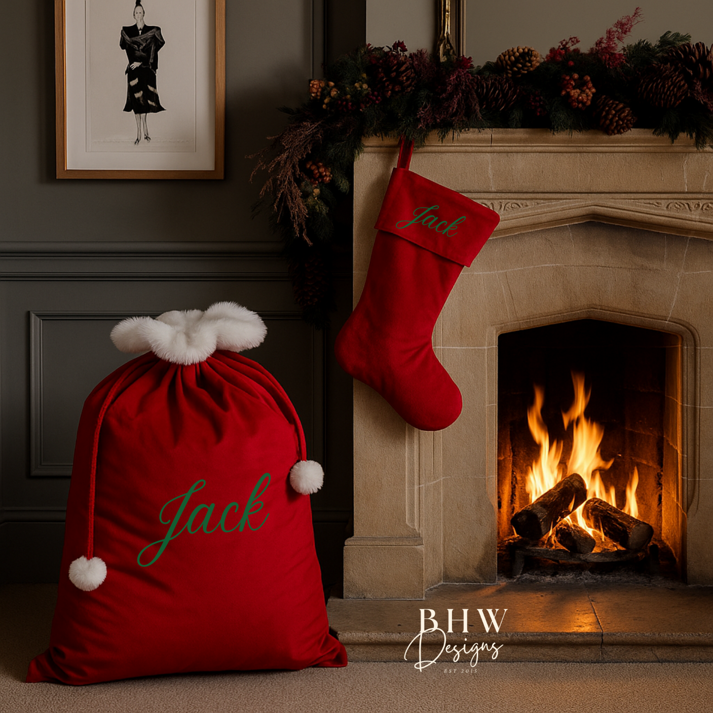 Red sack and stocking with 'Jack' in green in front of a fireplace 