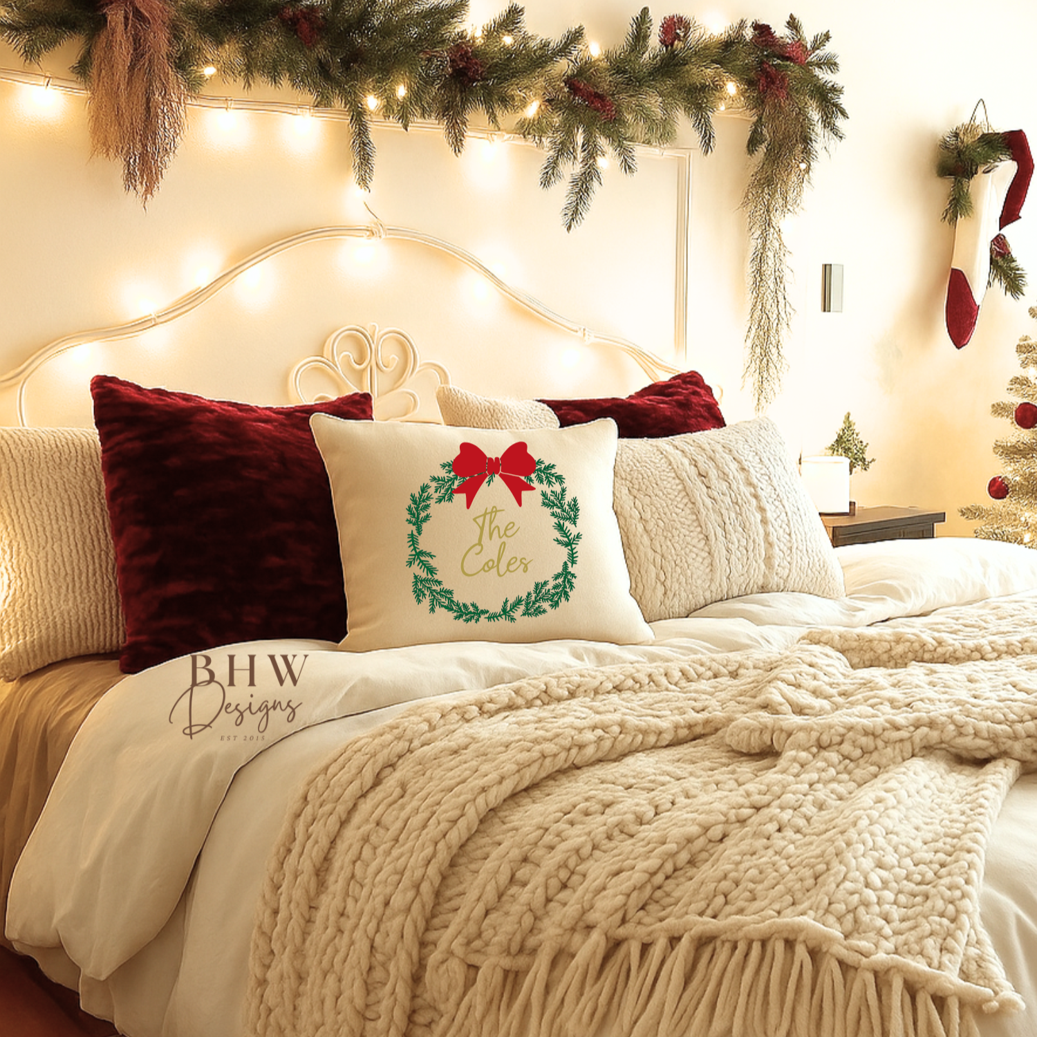 Decorated bedroom with decorative personalised wreath and bow design cushion cover