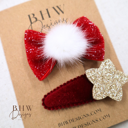 Red Bow and Star hair Clip set