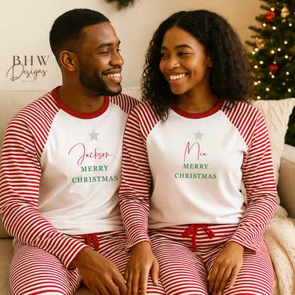Two people wearing red and white striped Christmas pajamas with personalised names.