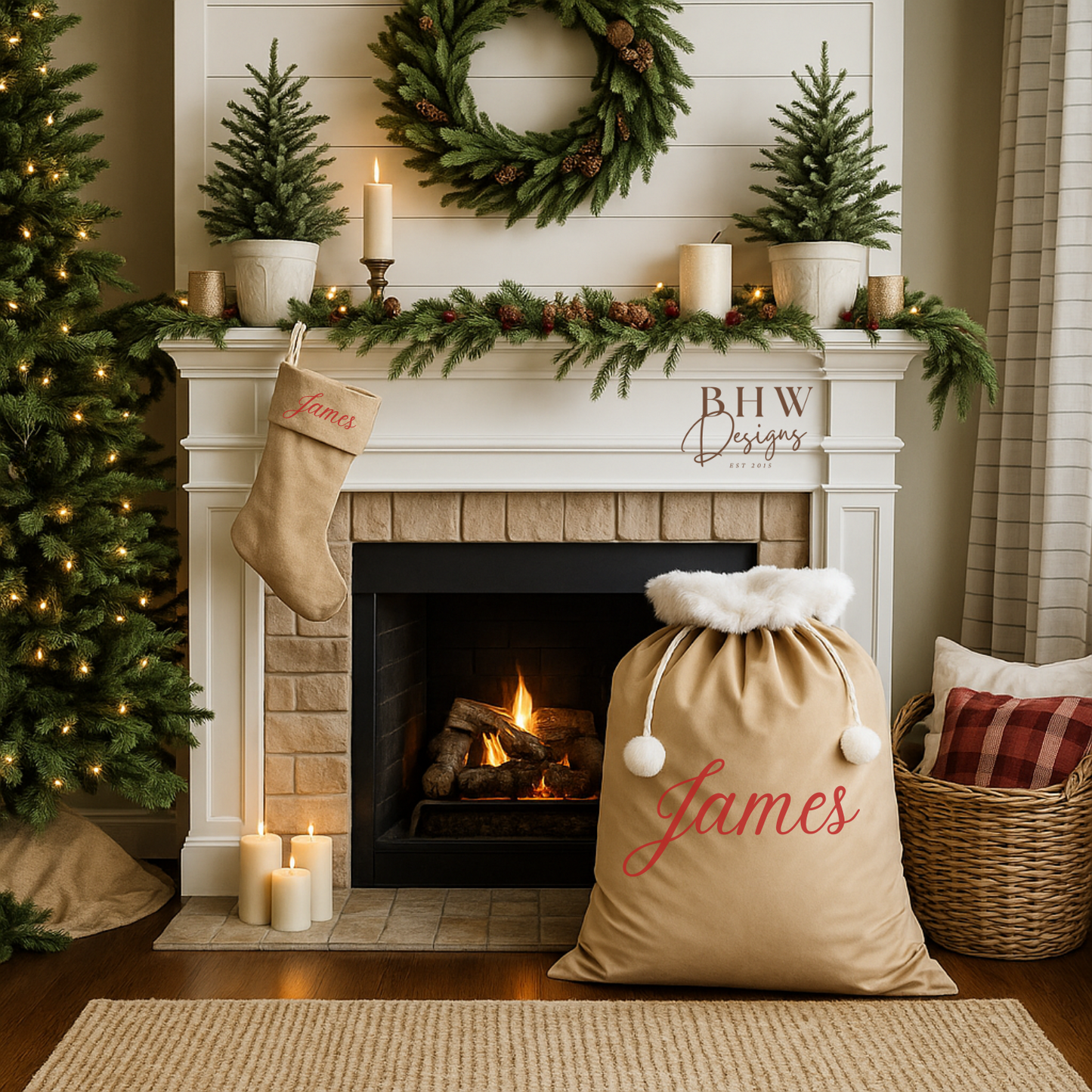 Cozy living room with a fireplace, Christmas decorations, personalised beige velvet Santa sack and stocking