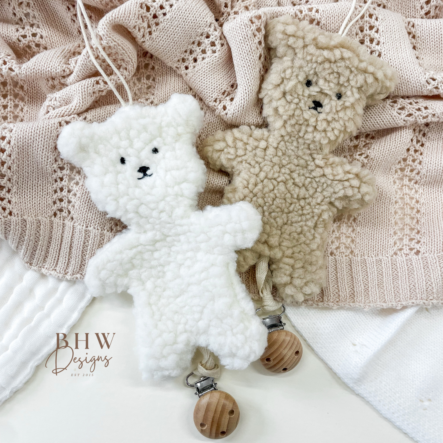 Cream and beige Teddy bear boucle Dummy clip holder 