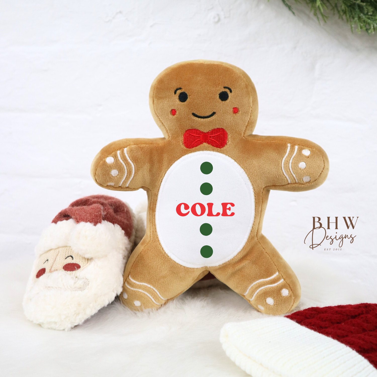 Gingerbread man plush toy with 'COLE' on a white background, featuring BHW Designs branding.