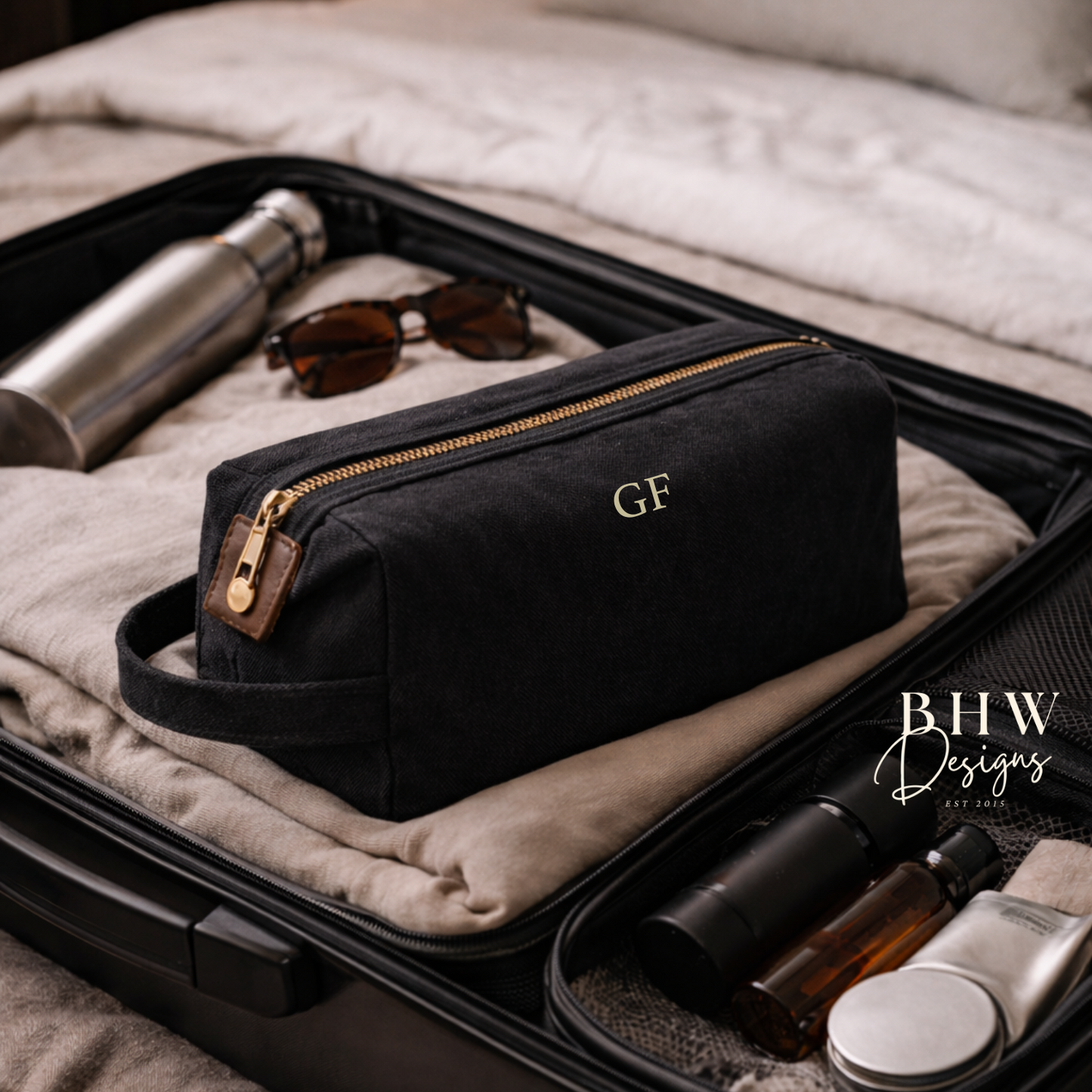 Personalised Waxed Canvas Wash Bag - Black