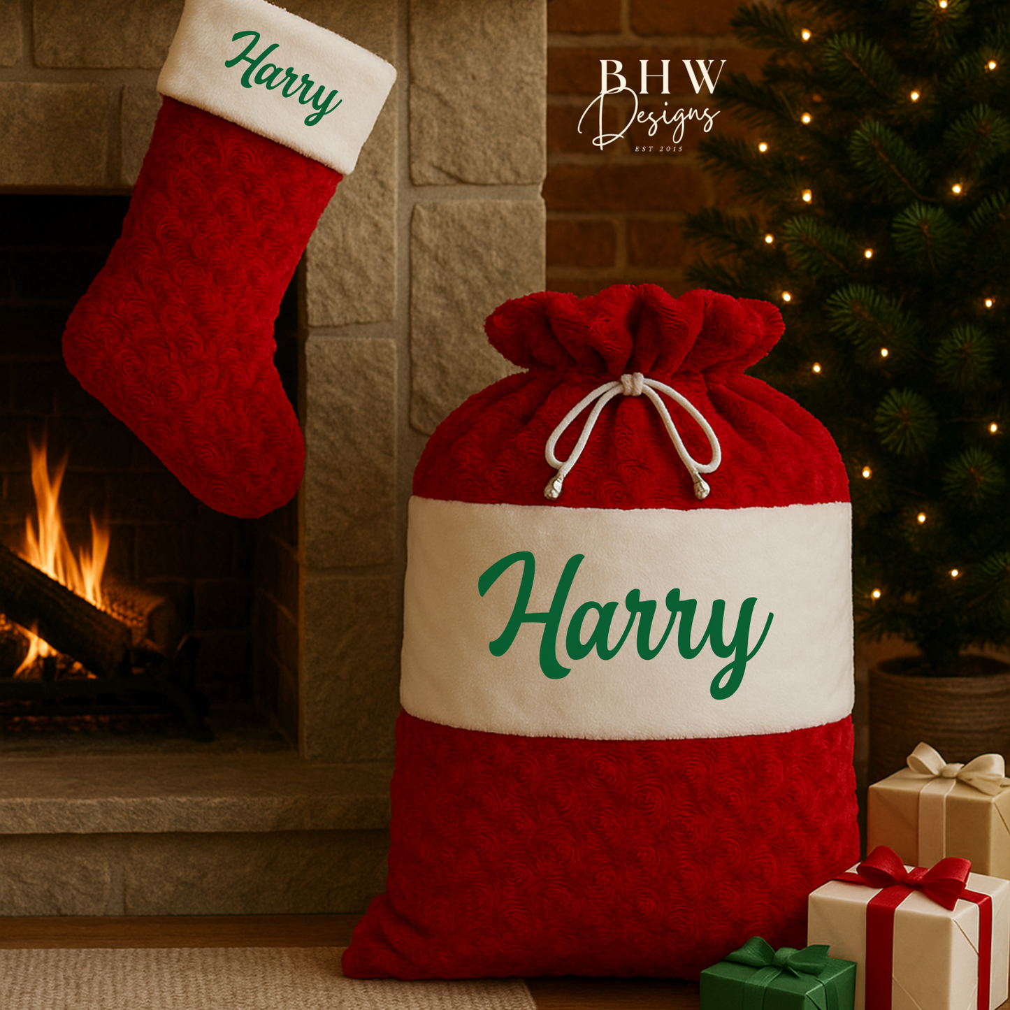 Red and white sack with 'Harry' written on it in green, with a matching santa sack. 