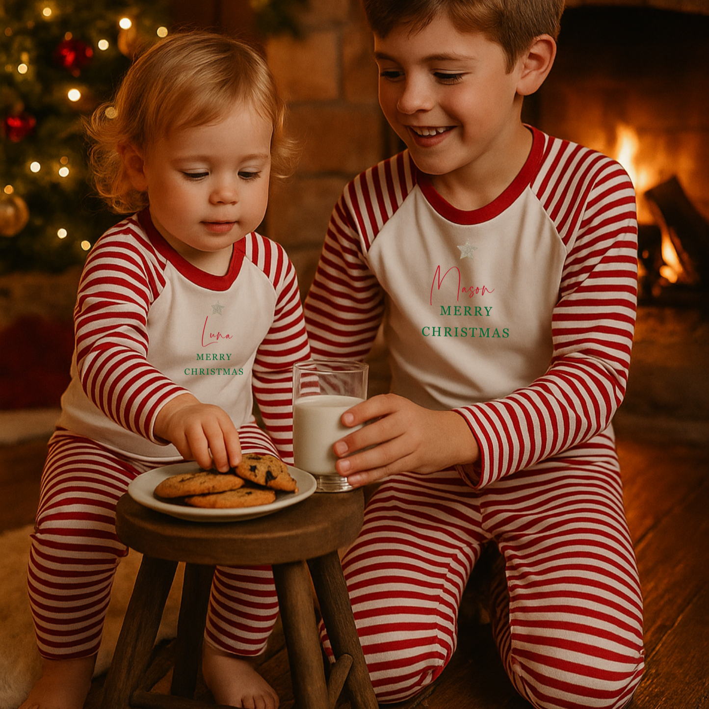 Two children in personalised red and white striped pyjamas sitting by a fireplace with Christmas cookies and milk.
