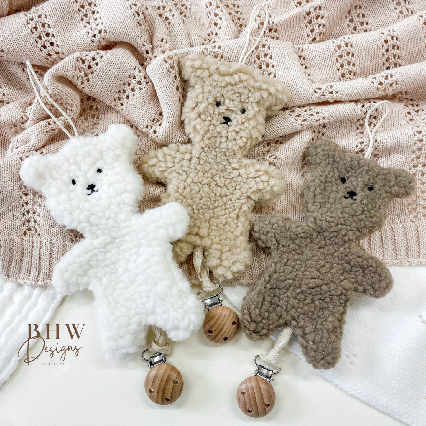 Cream, beige and brown Teddy bear boucle Dummy clip holder 