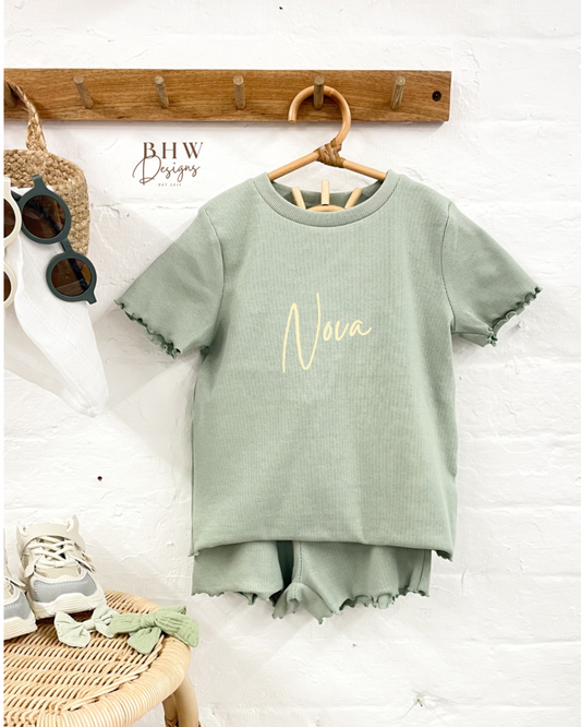 Girl's Ribbed T-shirt and Short Set - Sage Green