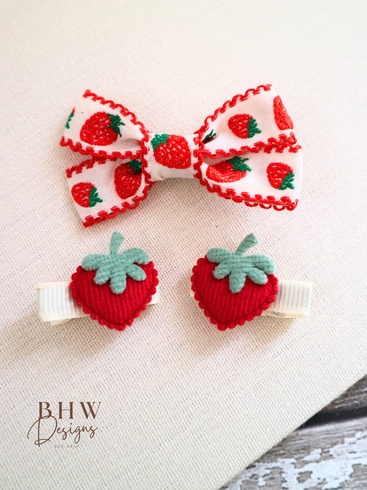 Girl's Strawberry embroidery Hair bow Set