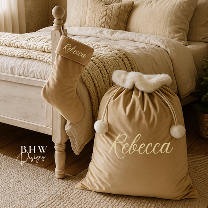 personalised beige velvet Santa sack  'Rebecca'  on it, placed on the floor with a matching stocking