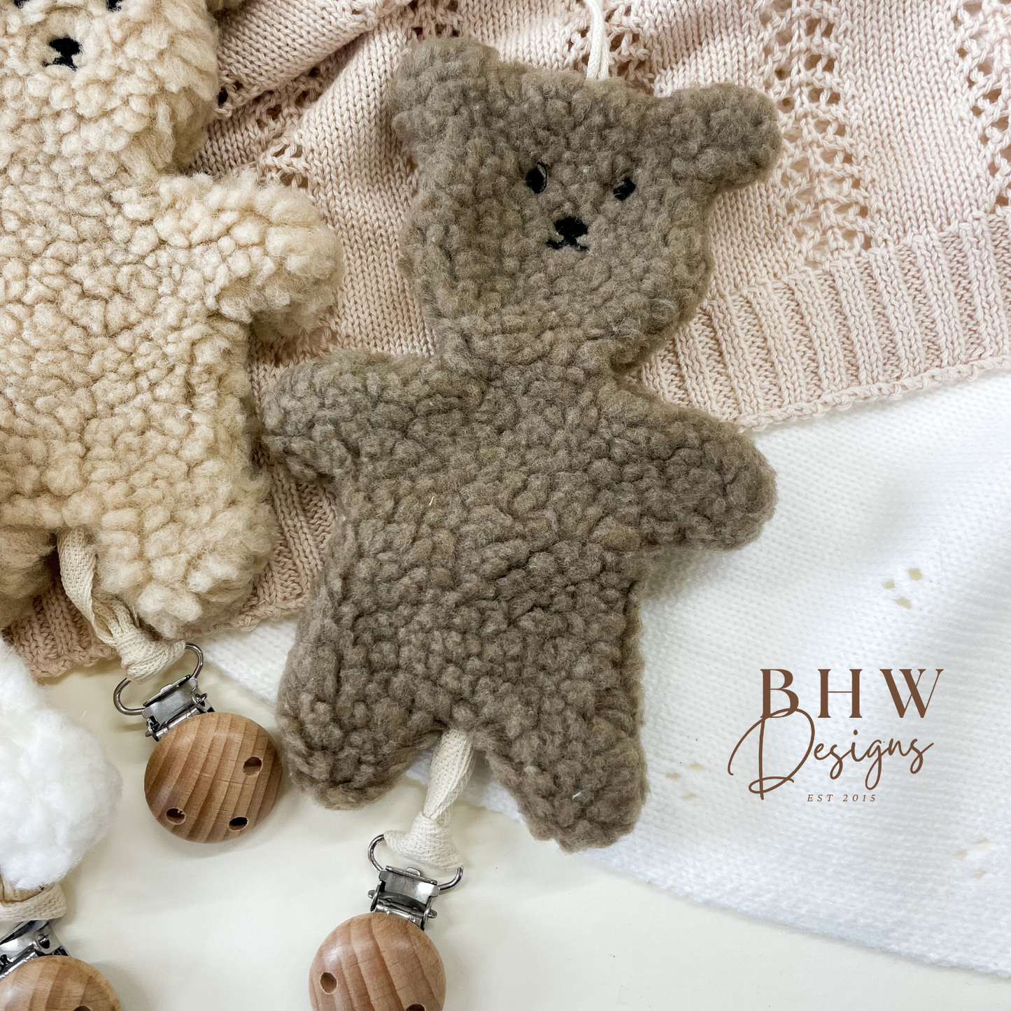 brown Teddy bear boucle Dummy clip holder 
