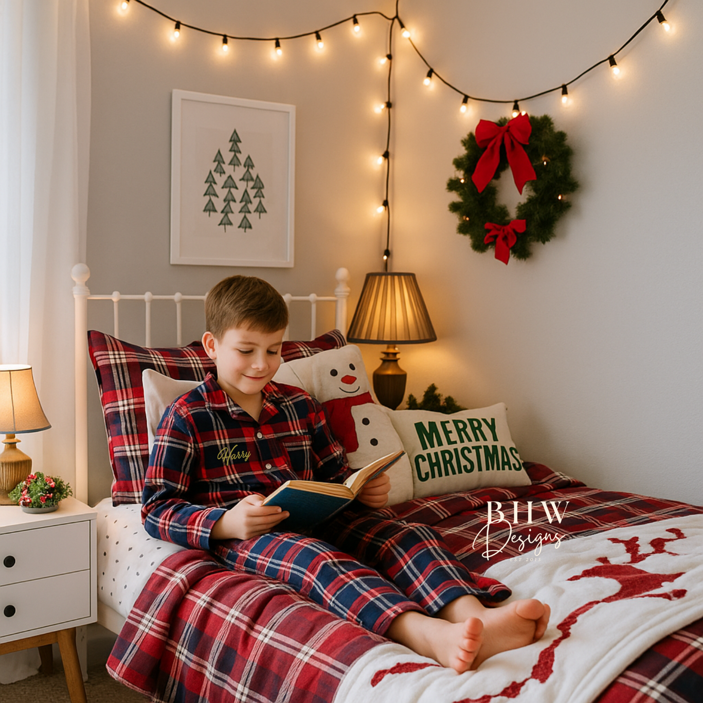 Child wearing a red, navy and white plaid pyjamas personalised with name on the front sitting on a bed reading