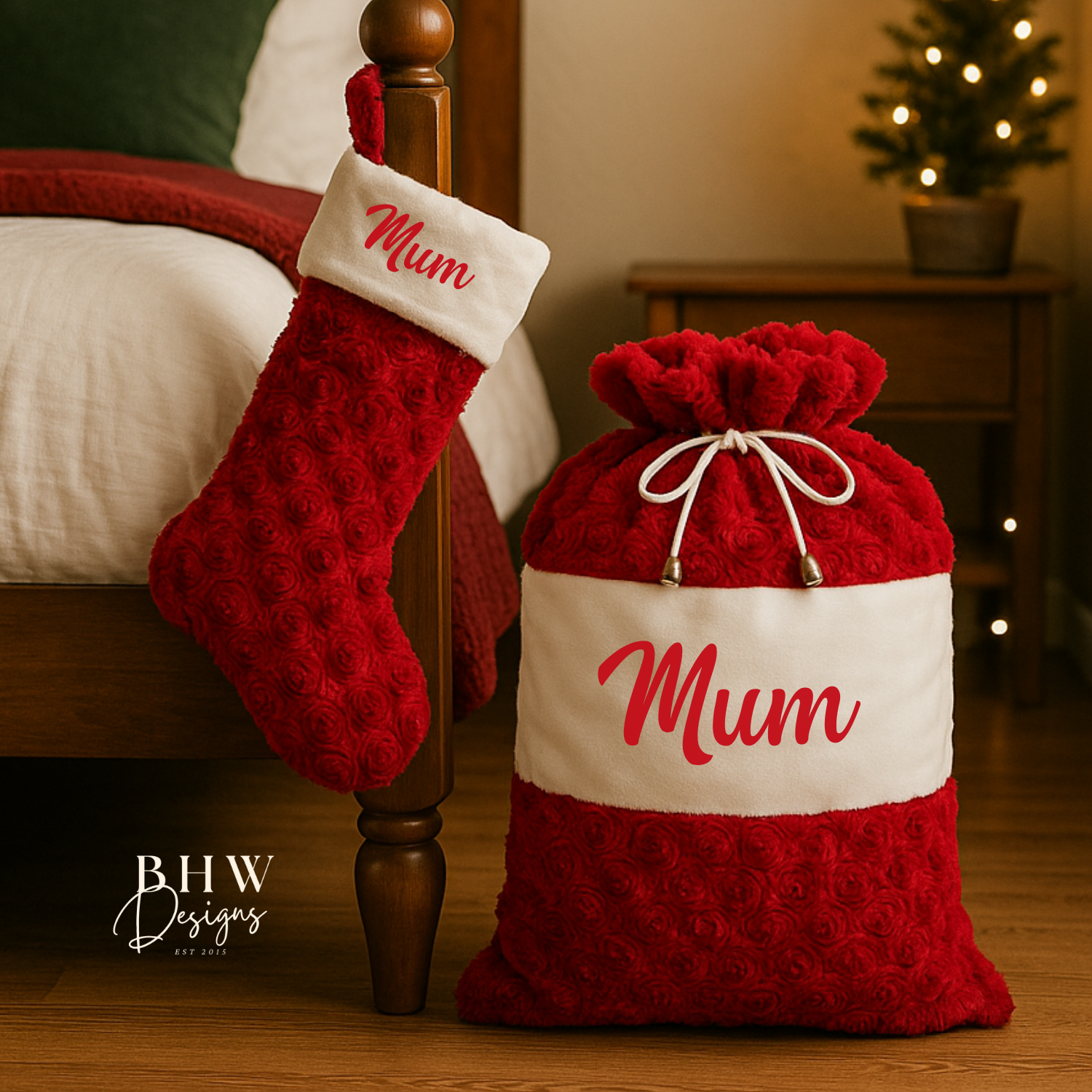 Red and white Christmas stocking and matching sack with mum in red. 