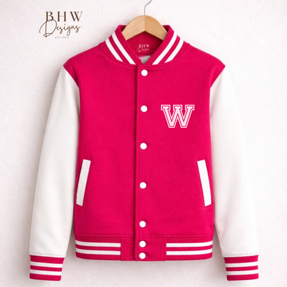 Pink varsity jacket with white sleeves on a hanger against a white background, 