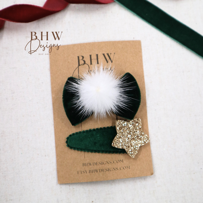 Green Bow and Star hair Clip set