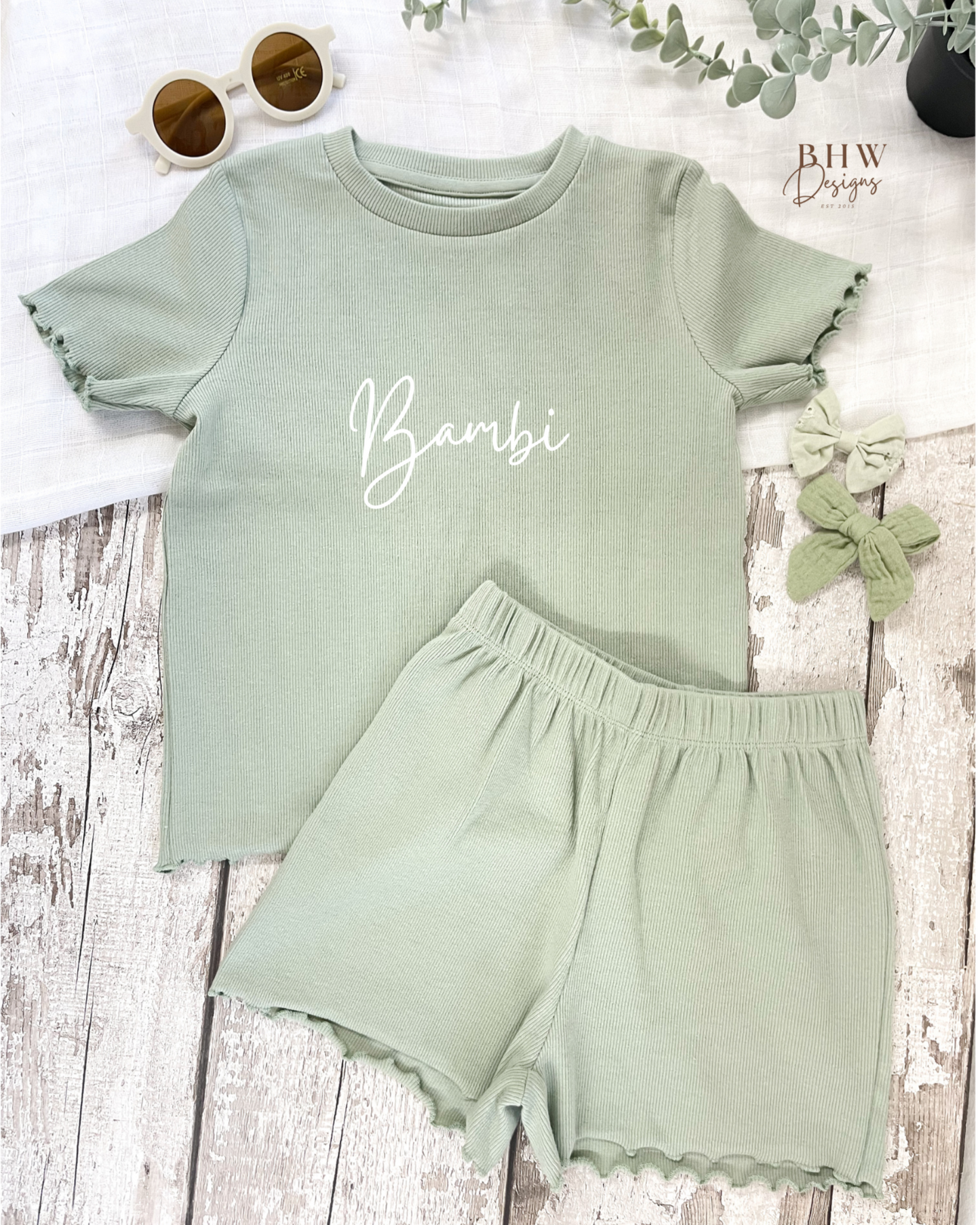 Girl's Ribbed T-shirt and Short Set - Sage Green