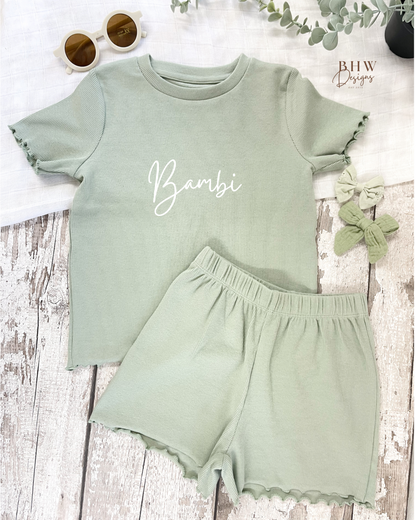 Girl's Ribbed T-shirt and Short Set - Sage Green