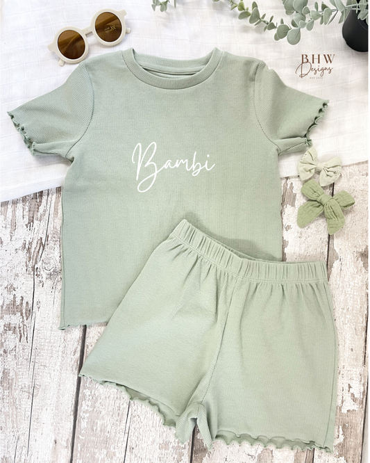 Girl's Ribbed T-shirt and Short Set - Sage Green