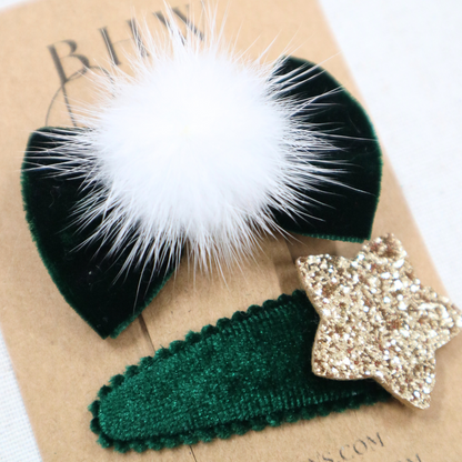 Green Bow and Star hair Clip set