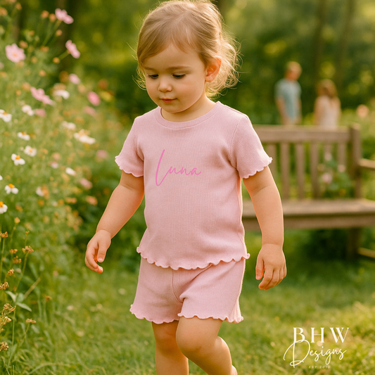 Girl's Ribbed T-shirt and Short Set - Baby Pink