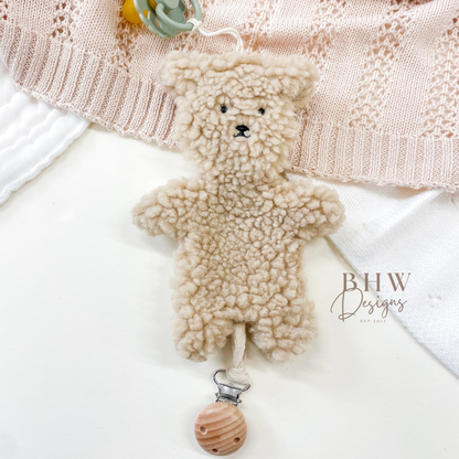 beige Teddy bear boucle Dummy clip holder background