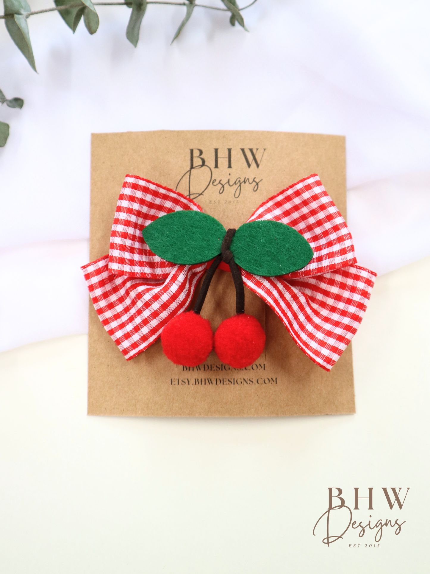 Cherry Gingham Hair Bow