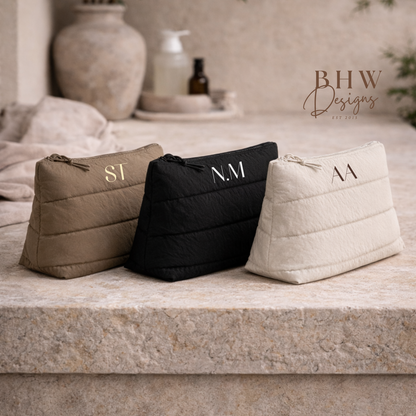 Three monogrammed bags on a stone surface with 'BHW Design' branding.