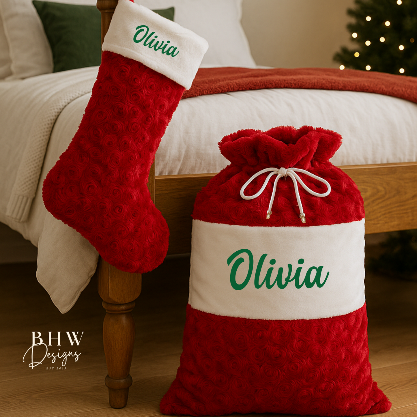 Red and white Christmas stocking and sack with 'Olivia' in green 