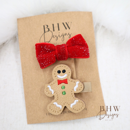 Gingerbread man Clip & Red Bow Set
