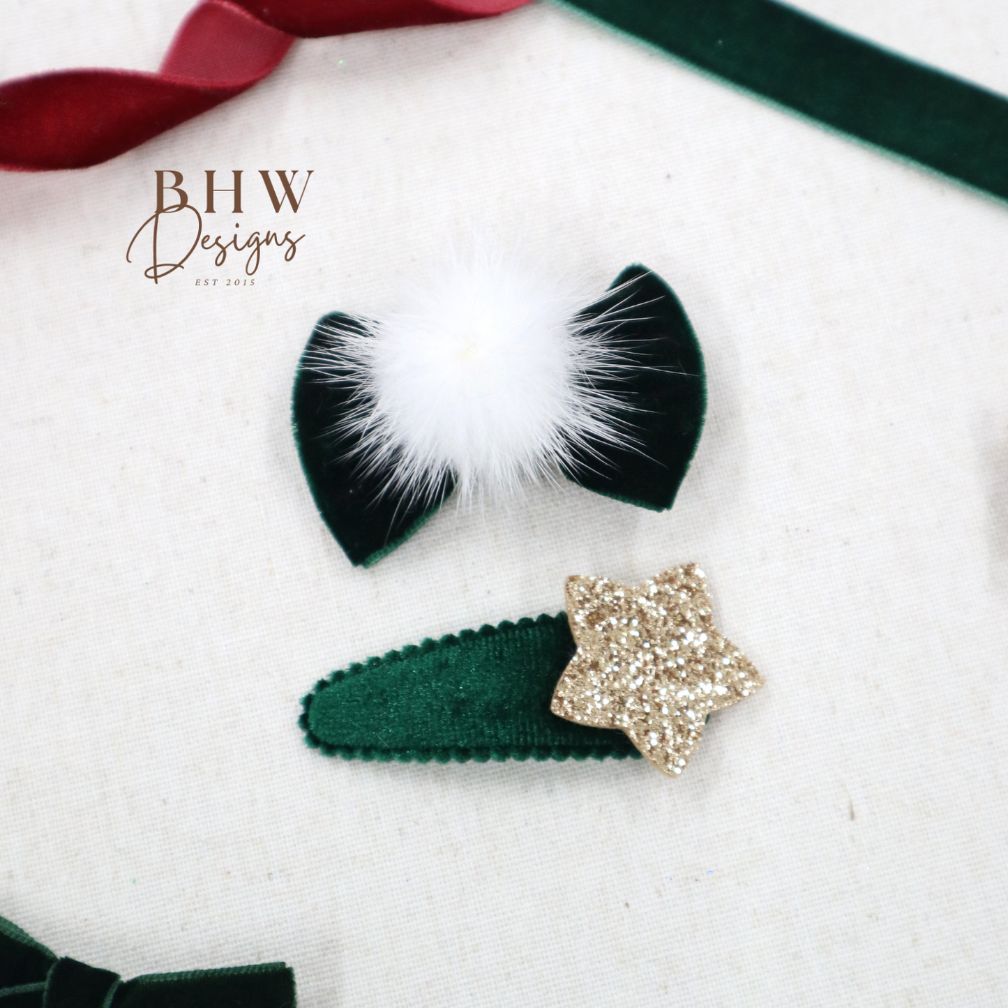 Green Bow and Star hair Clip set