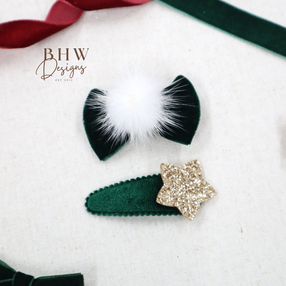 Green Bow and Star hair Clip set
