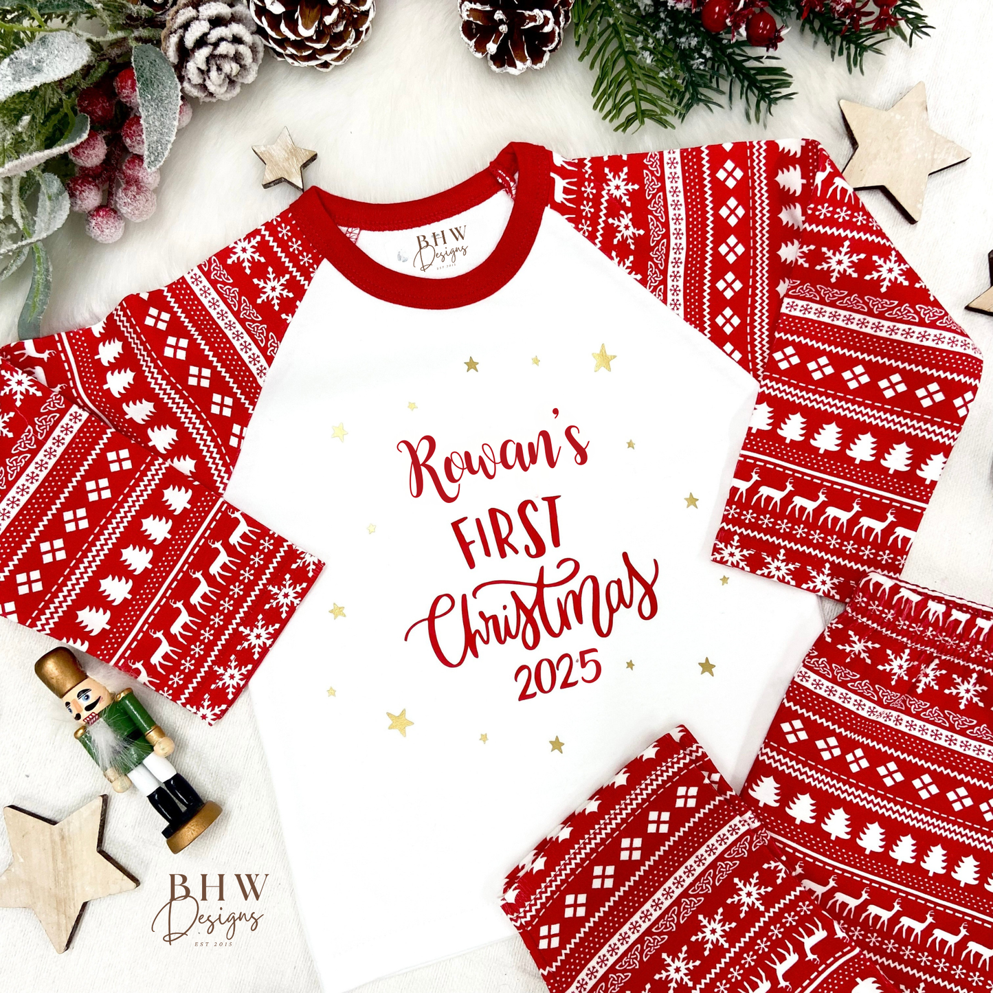 Personalised First Christmas red fair isle Pyjamas