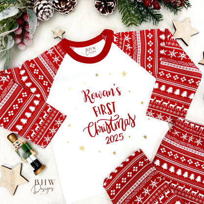 Personalised First Christmas red fair isle Pyjamas