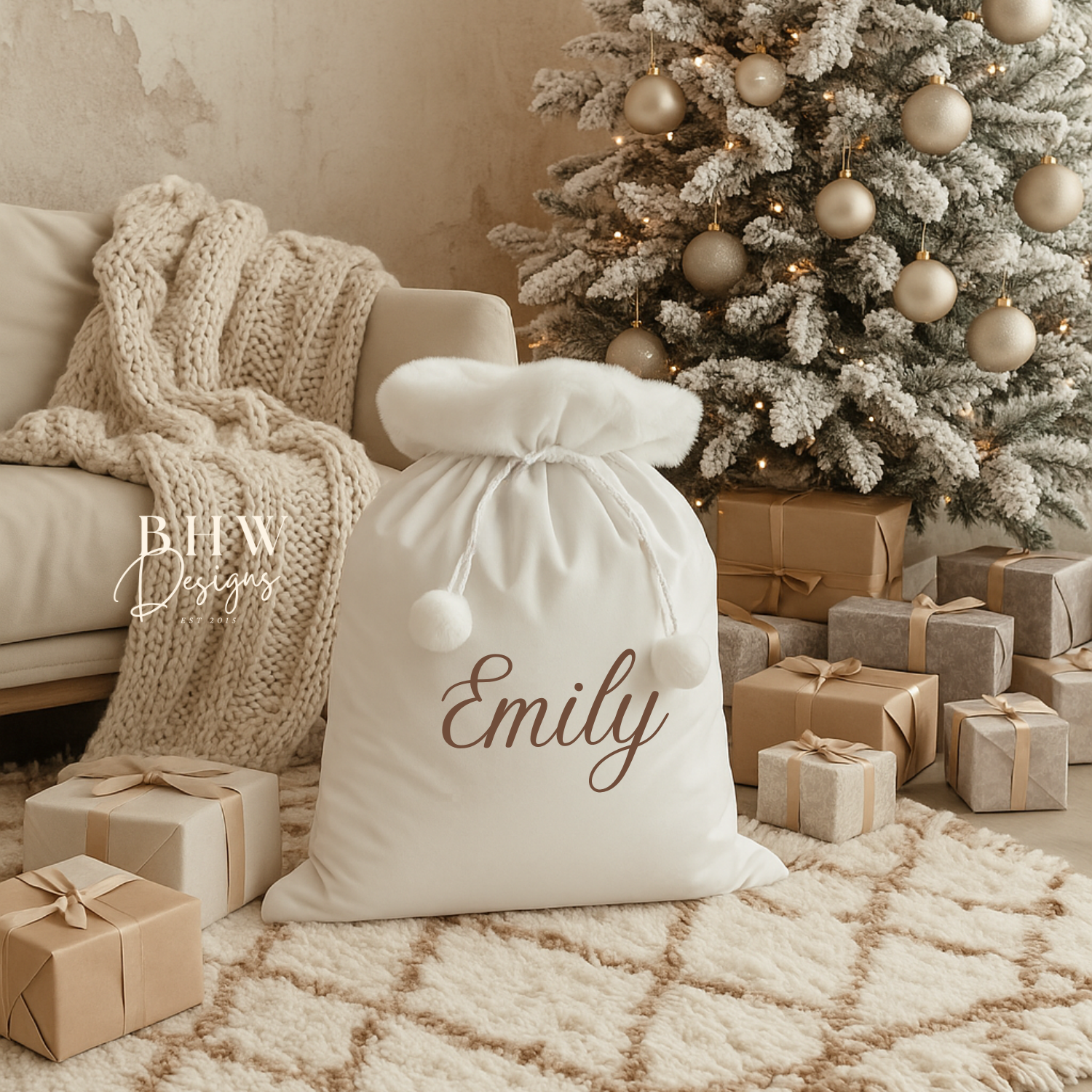 Santa Sack with 'Emily' on the front in brown 