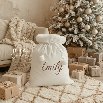 Santa Sack with 'Emily' on the front in brown 