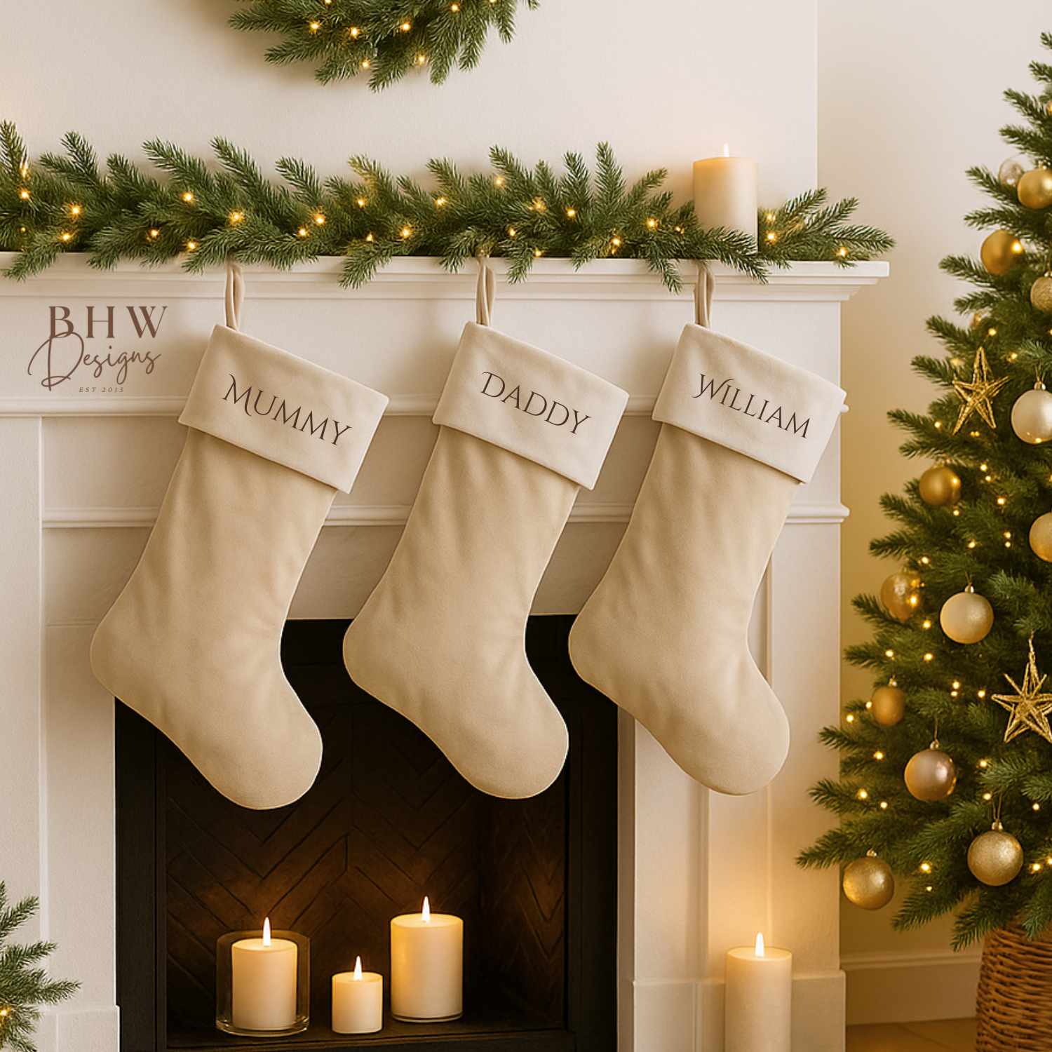 Decorative personalised beige stockings hanging above a fireplace 