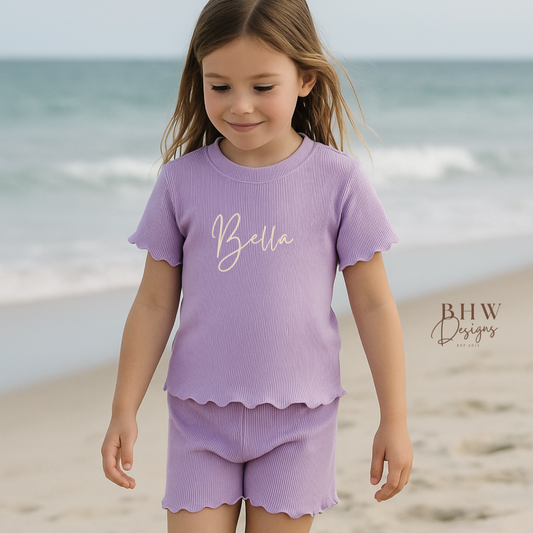 Girl's Ribbed T-shirt and Short Set - Lilac