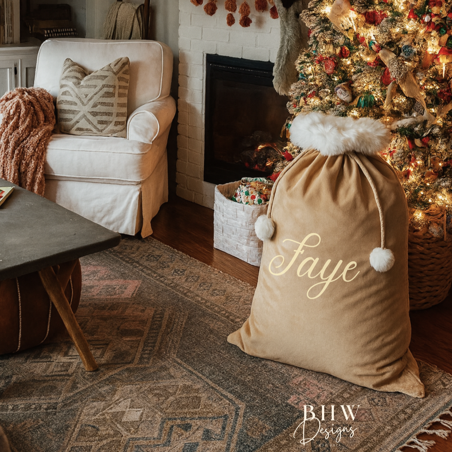 Cozy living room with Christmas decorations, personalised beige velvet Santa sack 