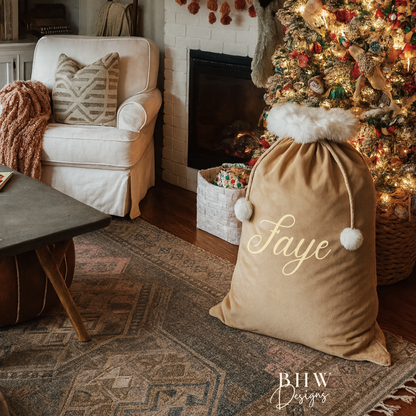 Cozy living room with Christmas decorations, personalised beige velvet Santa sack 