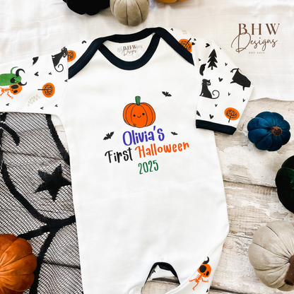 Halloween-themed baby onesie with pumpkins and personalised First Halloween 2025