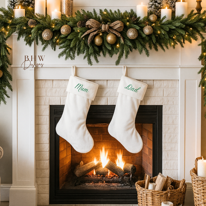 white velvet stocking personalised with mum and dad in green