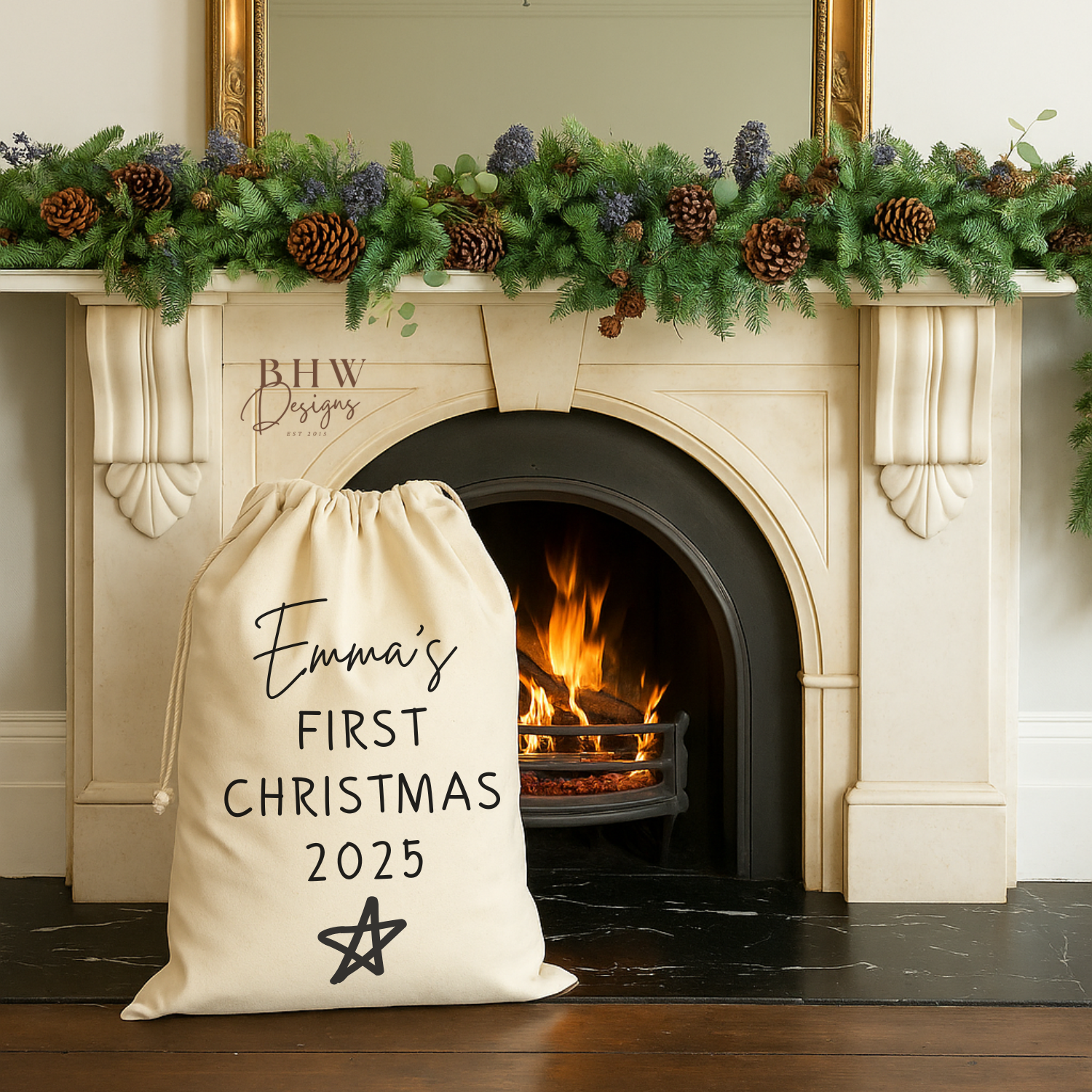 Cotton santa Sack Personalised with a name and my first Christmas 2025 in blackin