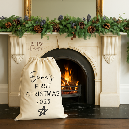 Cotton santa Sack Personalised with a name and my first Christmas 2025 in blackin