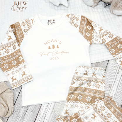 Personalised First Christmas Beige Fair Isle Pyjamas